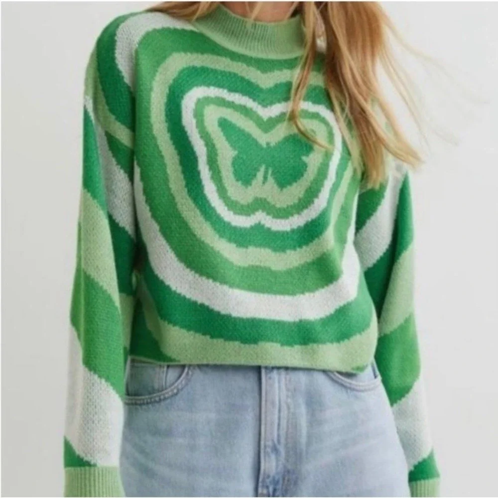 DIVIDED H&M Sweater Women Sz XS Green White Butterfly Cropped Boxy Knit Pullover